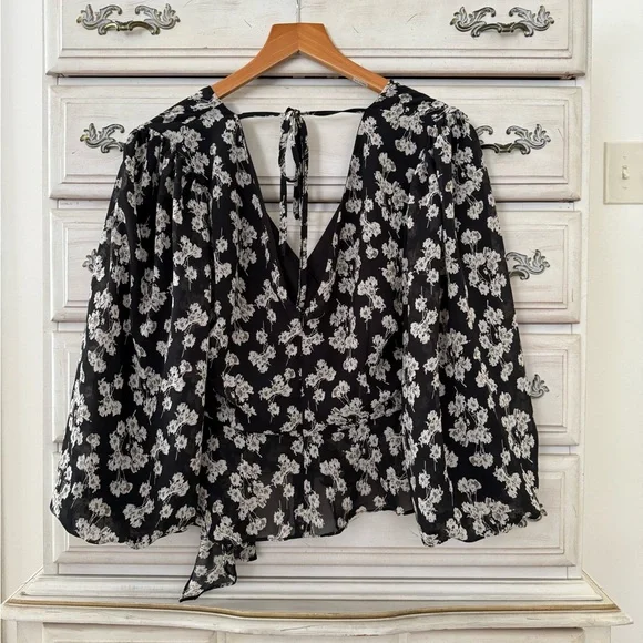 Black Floral Fairy Faux Wrap Top - Picture 2 of 5